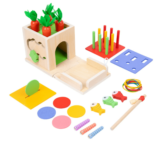 ActivityCube - Montessori-lär leksak i trä med 8 aktiviteter för babyer från 6 månader