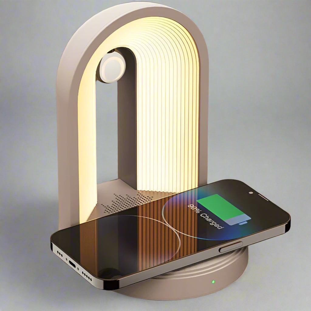 Arc Bordslampa med Trådlös Laddare &amp; Bluetooth Högtalare