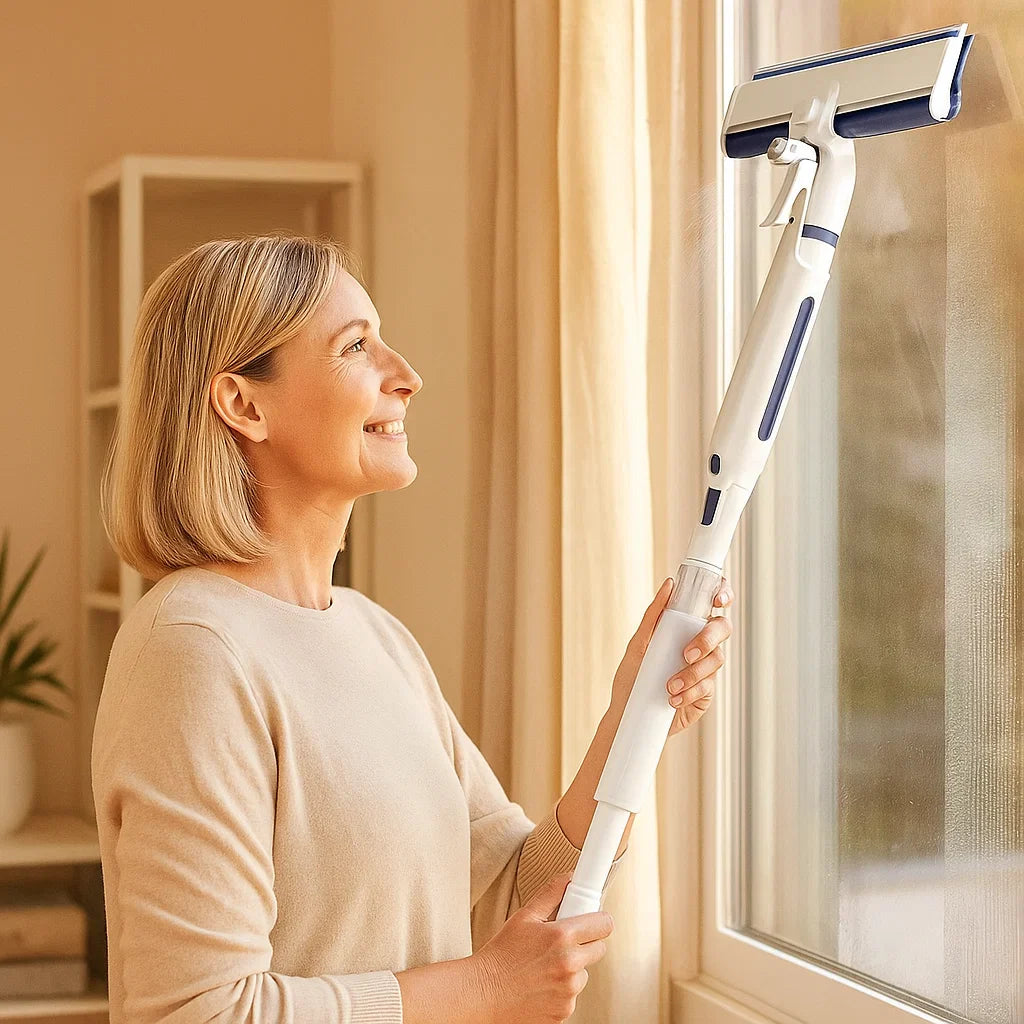 Teleskopisk 3-i-1-fönsterputsare med sprayanordning och integrerad behållare