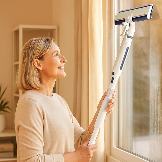 Teleskopisk 3-i-1-fönsterputsare med sprayanordning och integrerad behållare