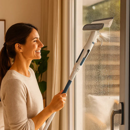 Teleskopisk 3-i-1-fönsterputsare med sprayanordning och integrerad behållare