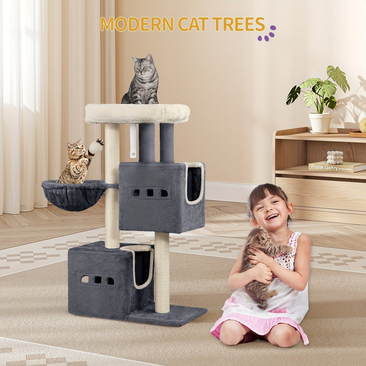 Flerfärgad Kattträd med Klösstolpe och Mysiga Grottor