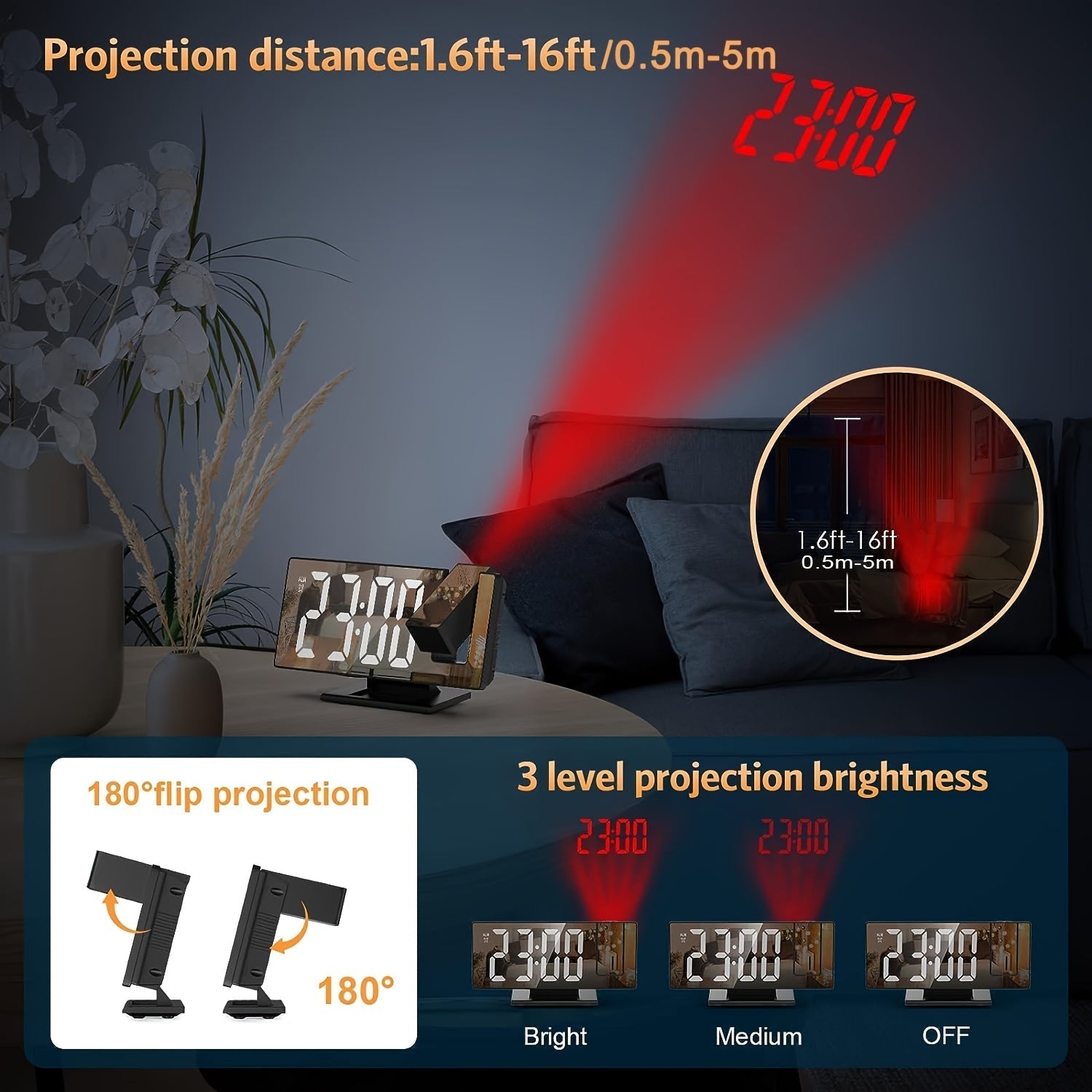 LED-projektionsväckarklocka med 180° justerbar projektion – Klar display och snooze-funktion för sovrum eller kontor