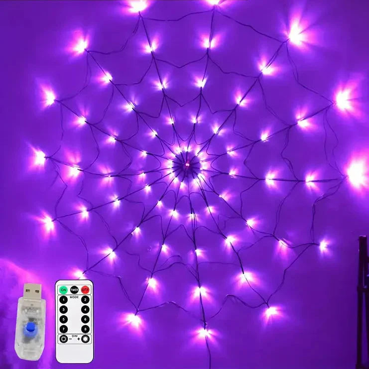 Halloween Spindelnät Ljusslinga – LED Lila &amp; Orange för spöklik festdekoration