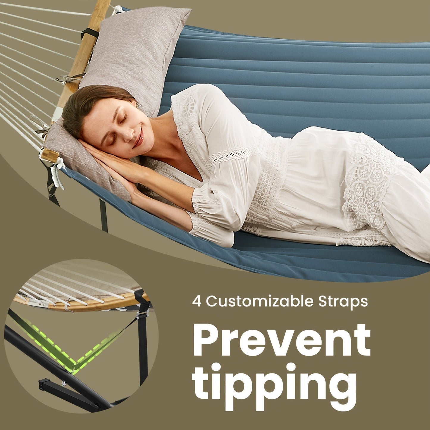 Carvallo-hängmatta RelaxBoo | Med bambus spridare & metallställning | Inkl. kudde | För trädgård & terrass