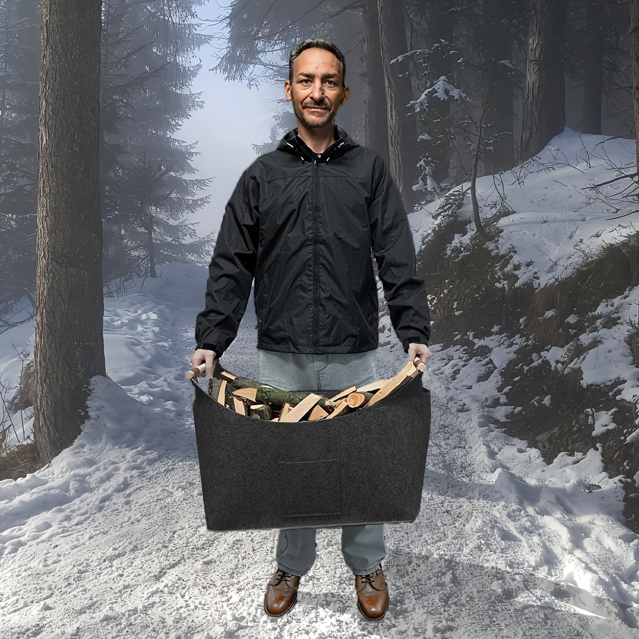 Fällbar Filtkorg XL med Trähandtag - Hållbar och Stilig Träbärare för Inomhusbruk