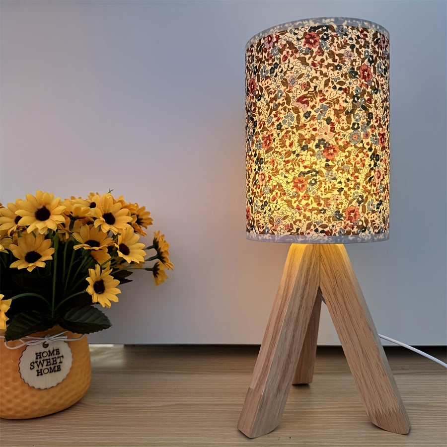HoutLicht - Modern Trä Bordslampa med Tygtopp, USB Drivna, Tryck-knapp LED Nattljus