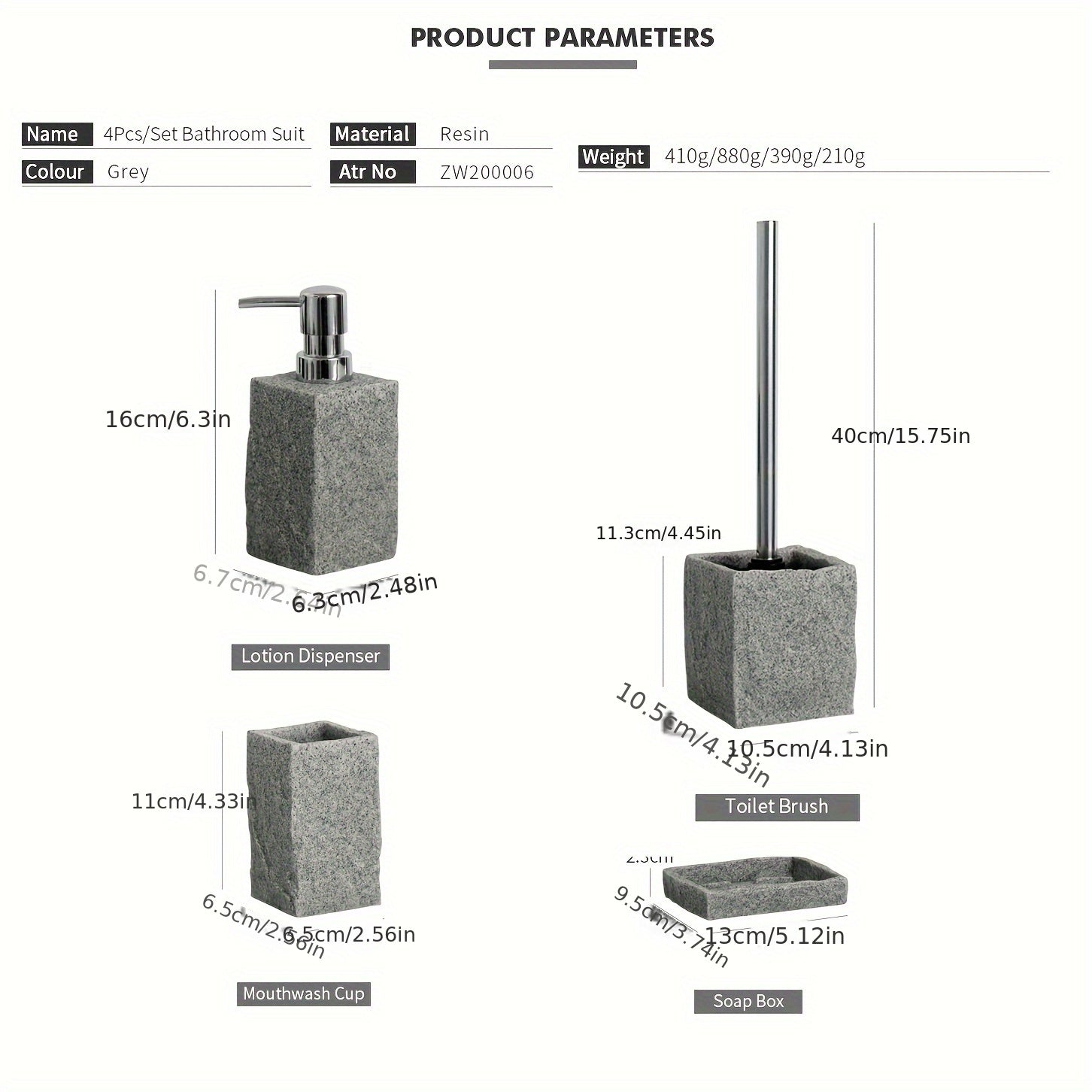 Grå Harpiks Badrumsset – Lyxset av 4 Delar för ett Elegant Badrum