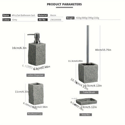 Grå Harpiks Badrumsset – Lyxset av 4 Delar för ett Elegant Badrum