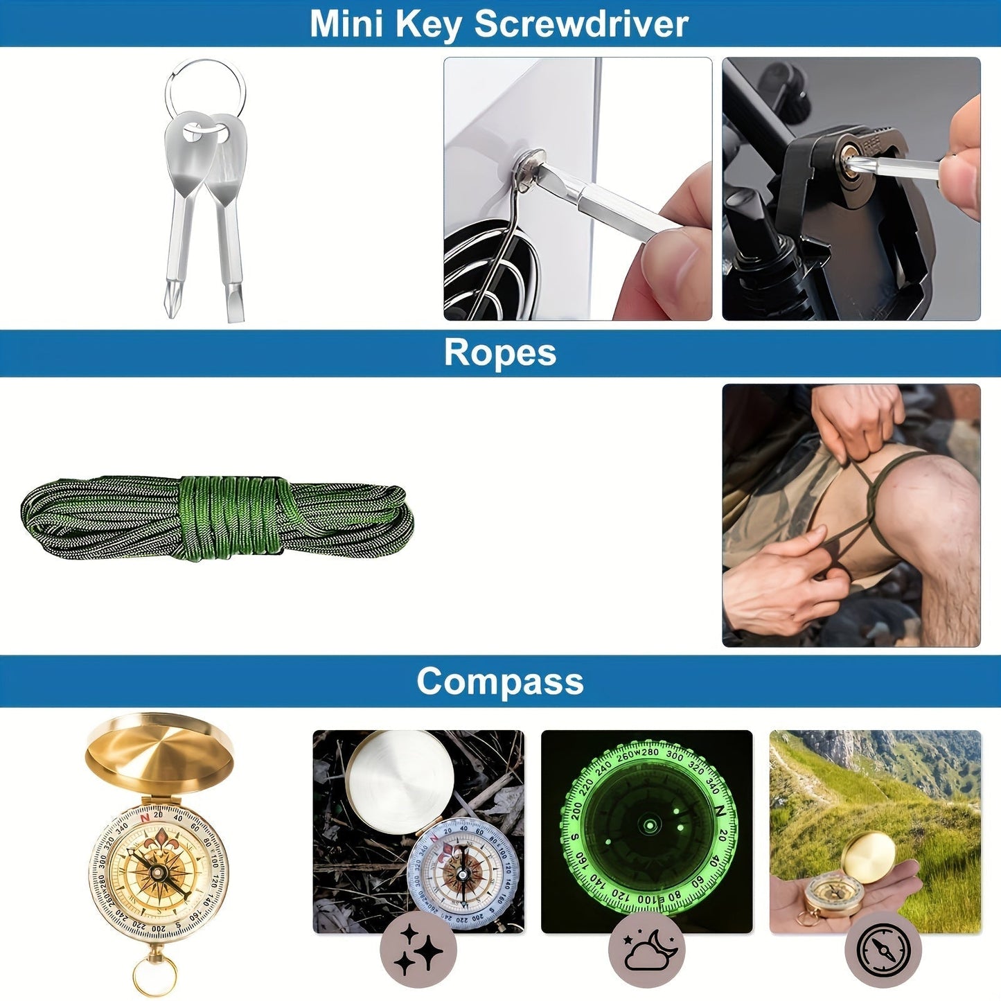 Carvallo Kit Trekvalor 14-in-1 | Kompakt & Komplett | Utomhus & Nödsats | Med kniv, kompass & termofilt