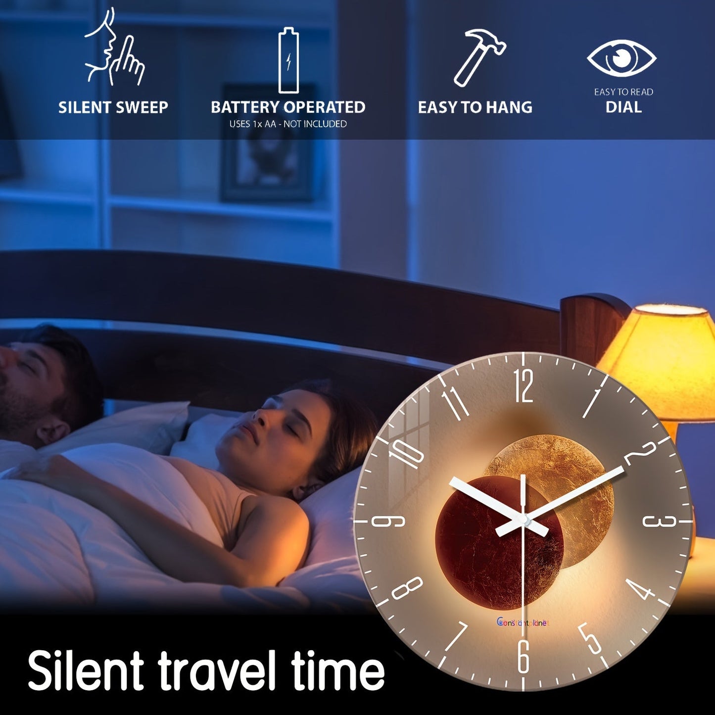 CosmicLight - Tyst Rund Väckarklocka med Planetdesign