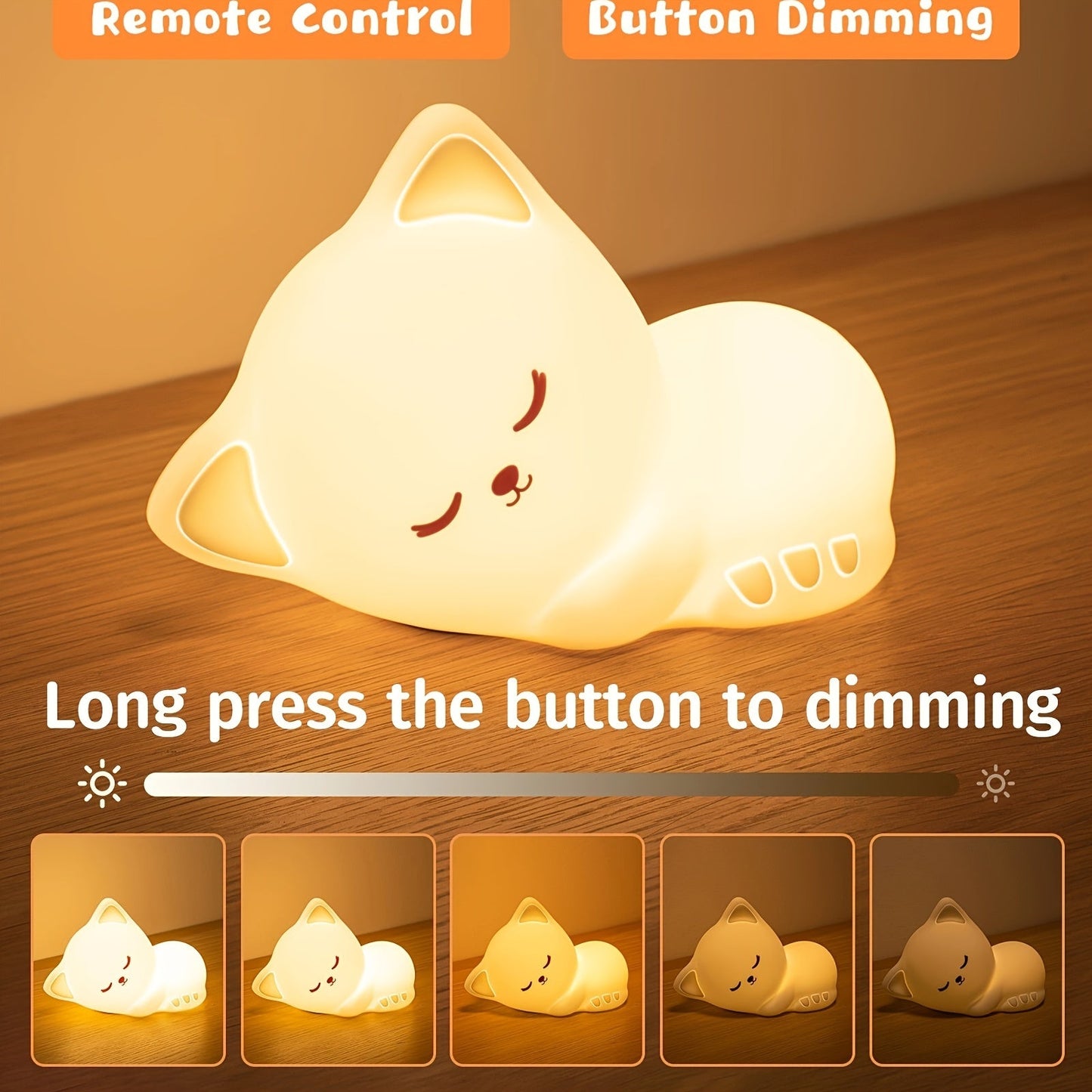 KittyGlow - Söt Kattnattlampa med Fjärrkontroll och USB Laddningsbar Silikonlampa