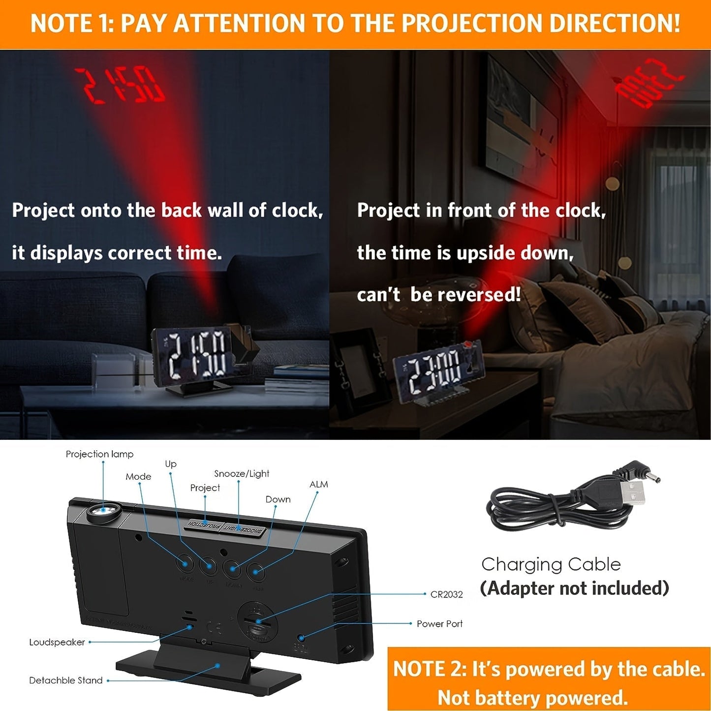 LED-projektionsväckarklocka med 180° justerbar projektion – Klar display och snooze-funktion för sovrum eller kontor