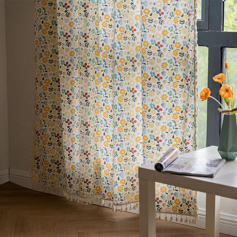 Gul Blomma Fringed Ljusfiltrerande Bomull Linne Gardin