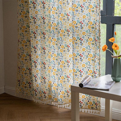 Gul Blomma Fringed Ljusfiltrerande Bomull Linne Gardin