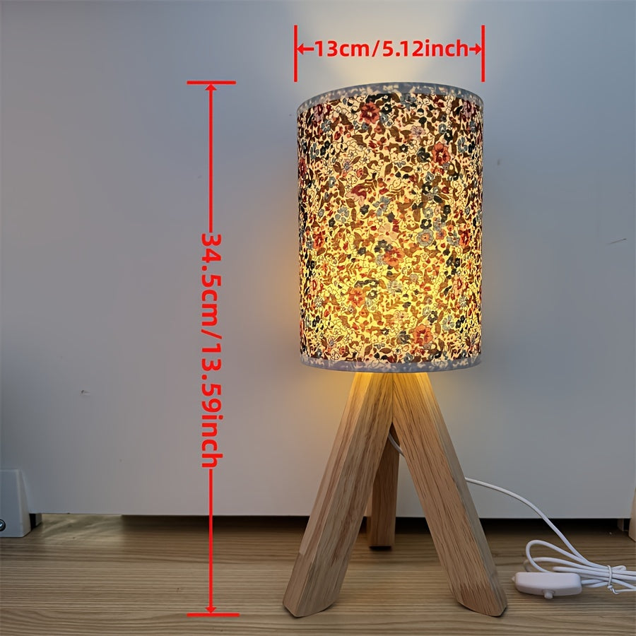 HoutLicht - Modern Trä Bordslampa med Tygtopp, USB Drivna, Tryck-knapp LED Nattljus
