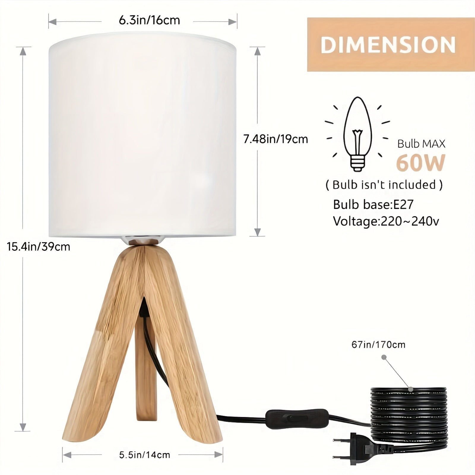 Driepootslampa - H wooden bordslampa med linne skärm, 220V-240V, europeisk kontakt