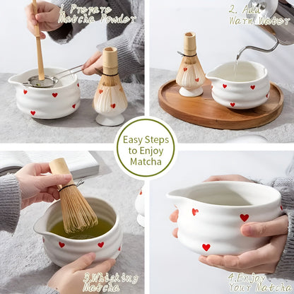 Matchaskål med hjärtdesign – 4/5 stycken utgjutare &amp; bambu visp | Ideal för hemmabruk