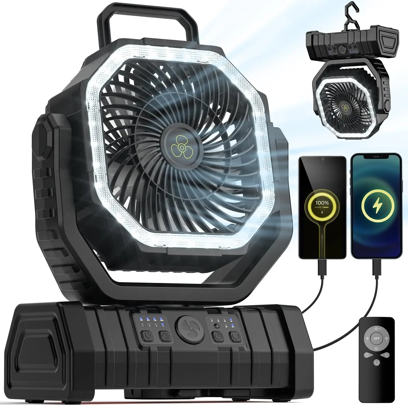 20000mAh uppladdningsbar campingfläkt med LED-lampa och USB-strömbank