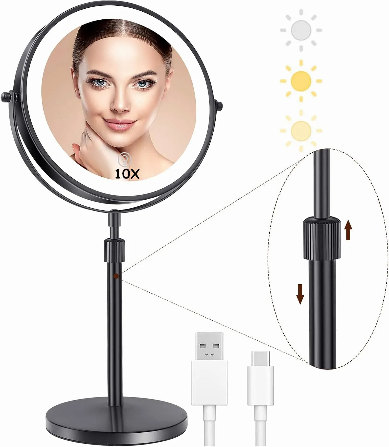 LED Sminkspegel med Ljus &amp; 10X Zoom – Trådlös &amp; Justerbar