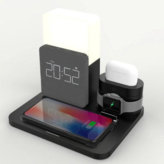 Multifunktionell Trådlös Laddningsstation – Lampa och Väckarklocka Ingår