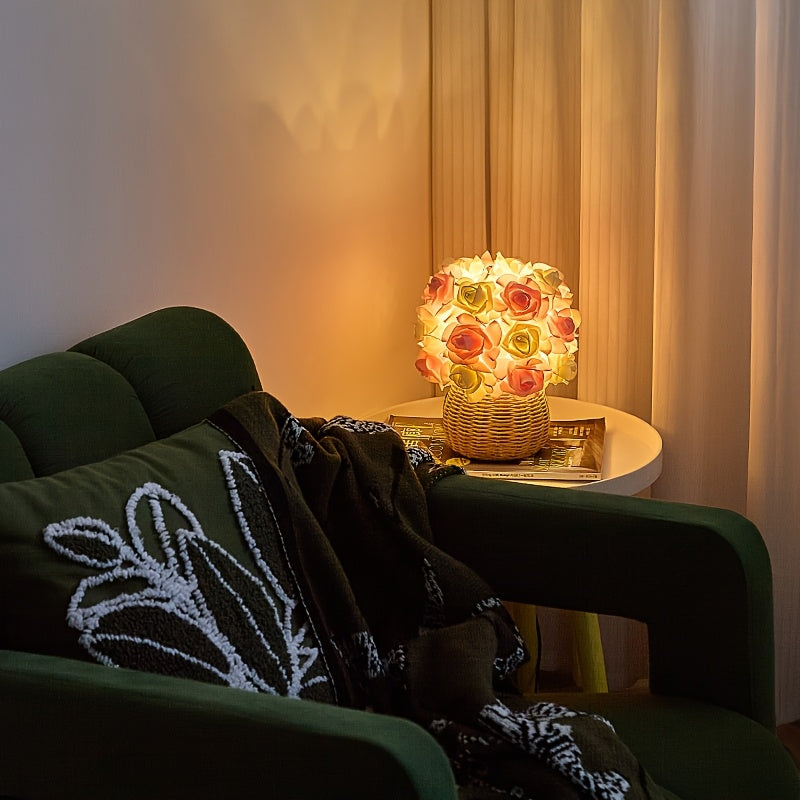 FloraGlow - Art Deco USB Rosatablett med Polerad Bas och Glödlampa