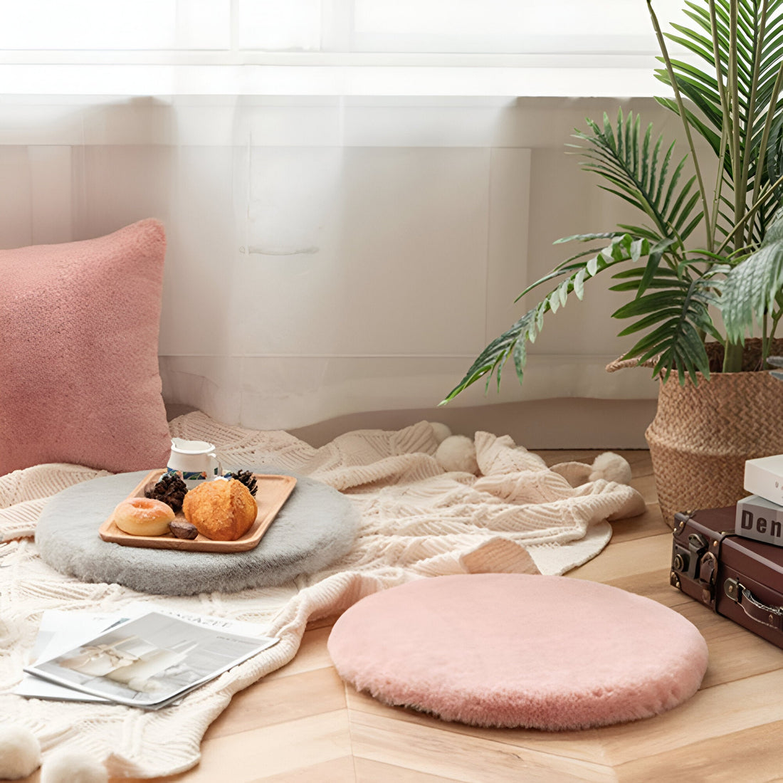 Mjuk Kaninpäls Imiterad Sittkudde - Fuzzy Rund Design