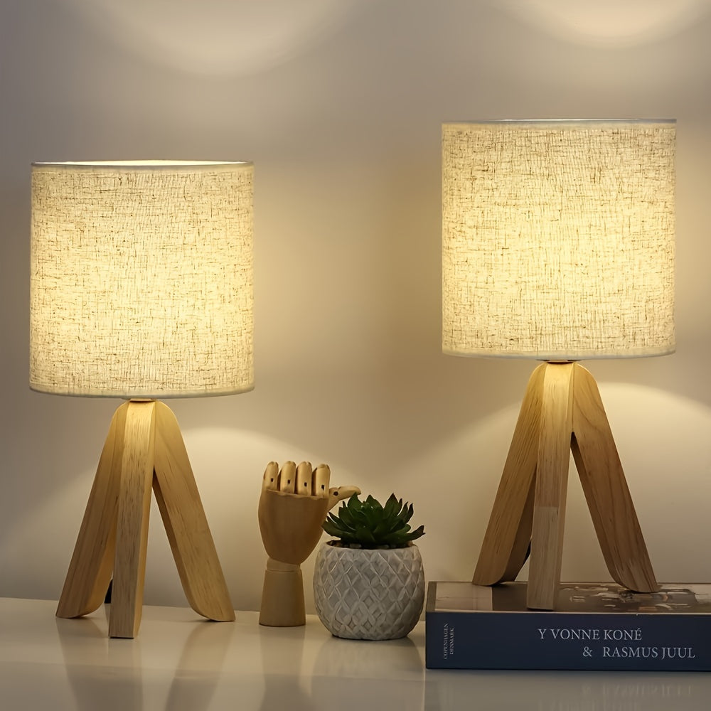 Driepootslampa - H wooden bordslampa med linne skärm, 220V-240V, europeisk kontakt