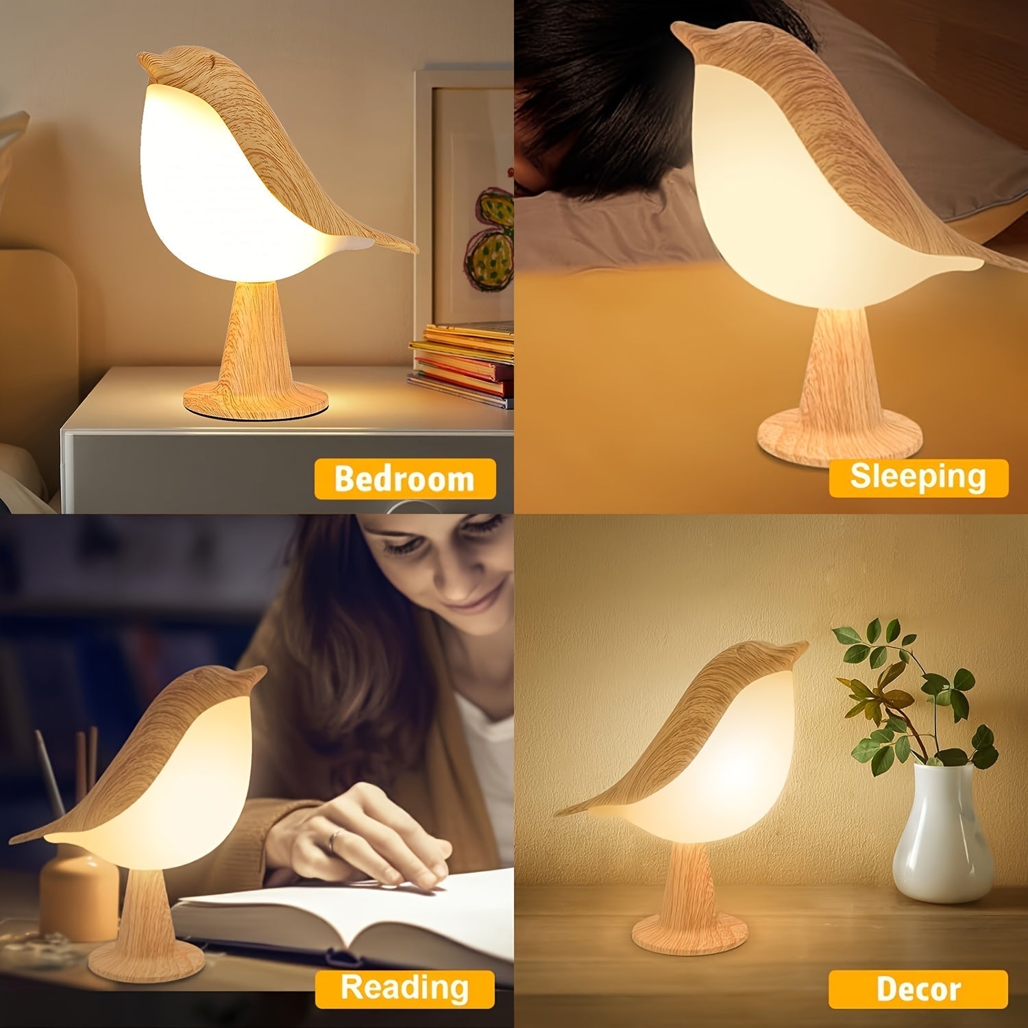 LED Fågel Lampa med Aromadiffusor – USB Uppladdningsbar Nattlampa och Lästampa med 3 Färgtemperaturer
