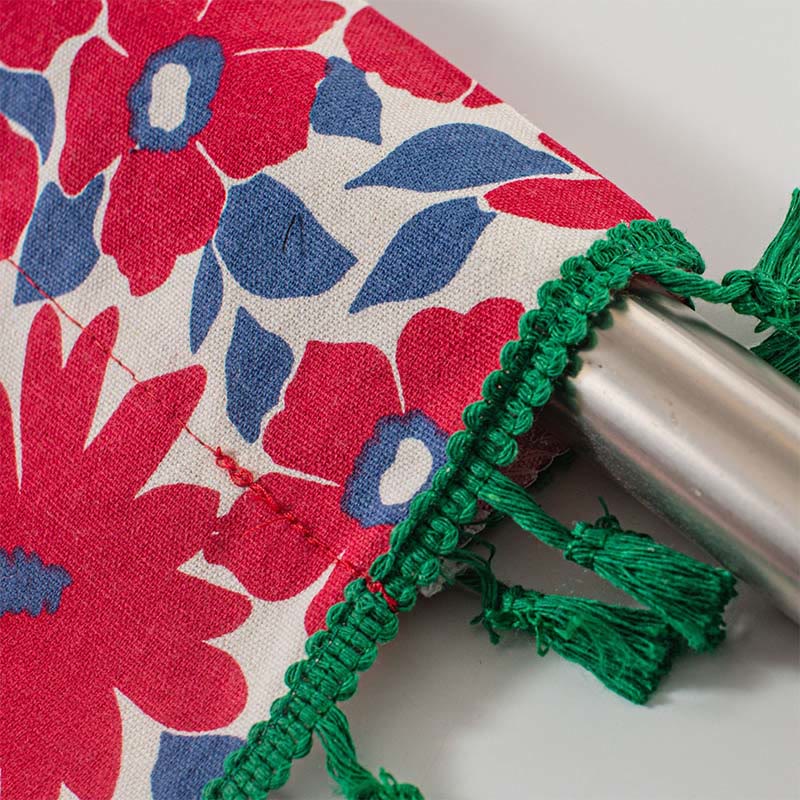 Röd blommig tryck fringed lager gardin i bomull linne