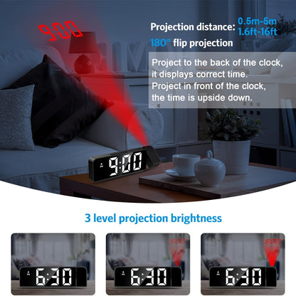 LED Projektionsväckarklocka – Temperatur- och datumsdisplay med USB-ström