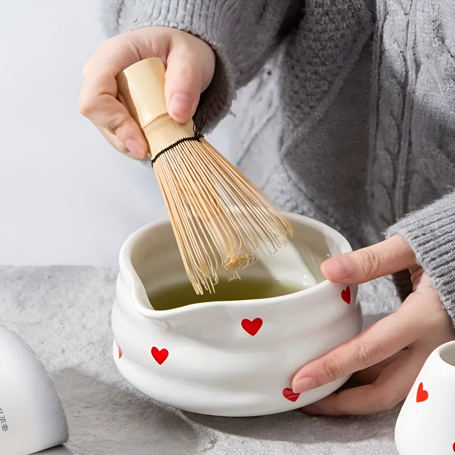 Matchaskål med hjärtdesign – 4/5 stycken utgjutare &amp; bambu visp | Ideal för hemmabruk