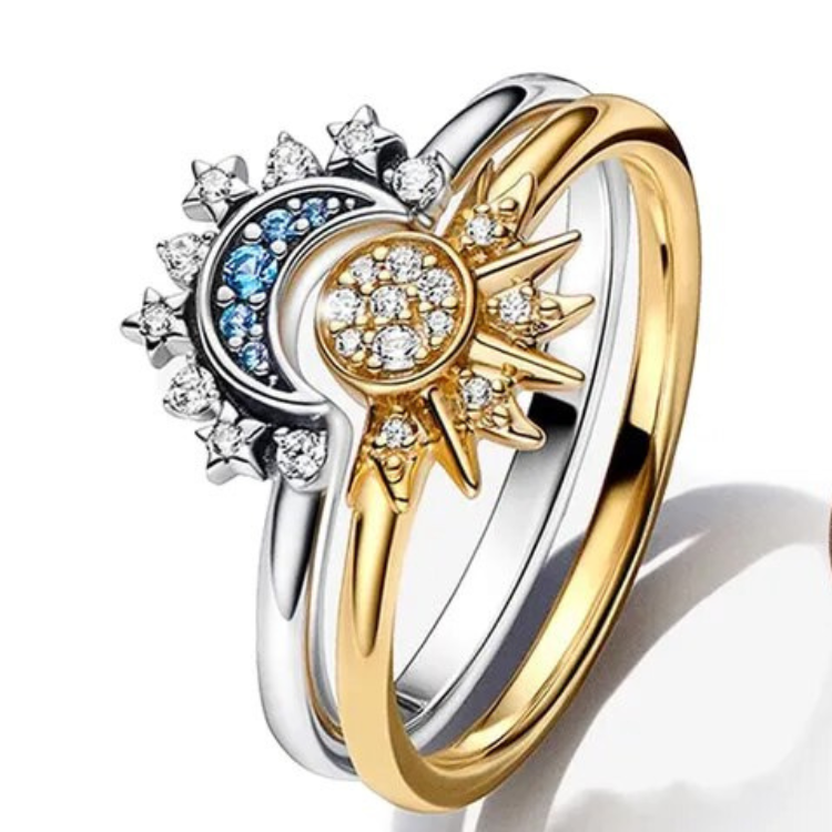 Kristalluttalande ring med sol- och måndesign