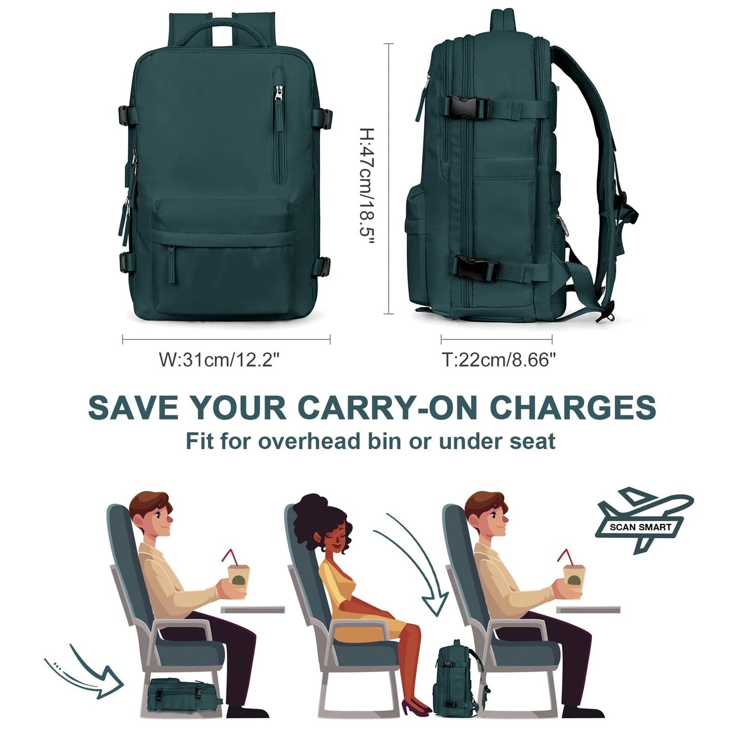 Carvallo Damernas Reserucksack 35 L | Vattentät & med USB-port | Antiskydd & Skofack | För Vandring, Vardag & Resor