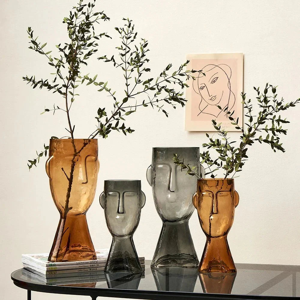 Kreativ Glass Head Shape Dekorativ Vas för Modern Dekor