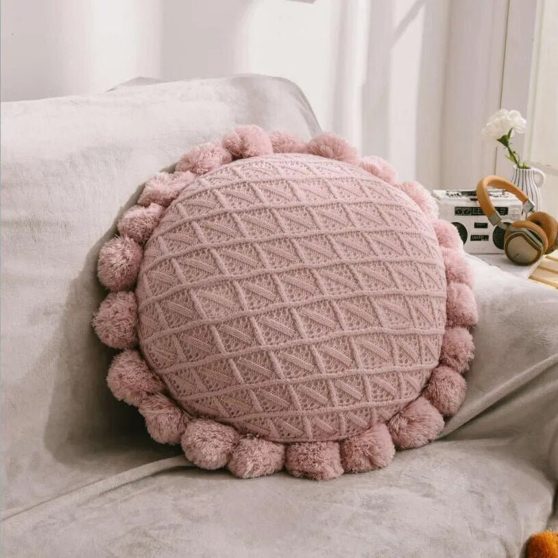 Söt Pompom Frans Rund Mysig Kudde i Akrylstickning
