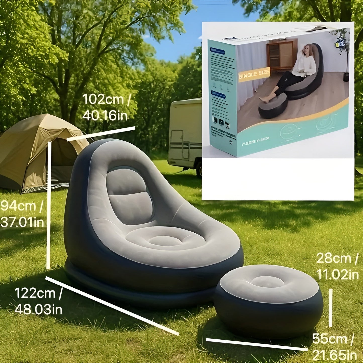 Uppblåsbart soffa med ottoman – Snabbt uppblåsbart & ideal för camping eller vardagsrum
