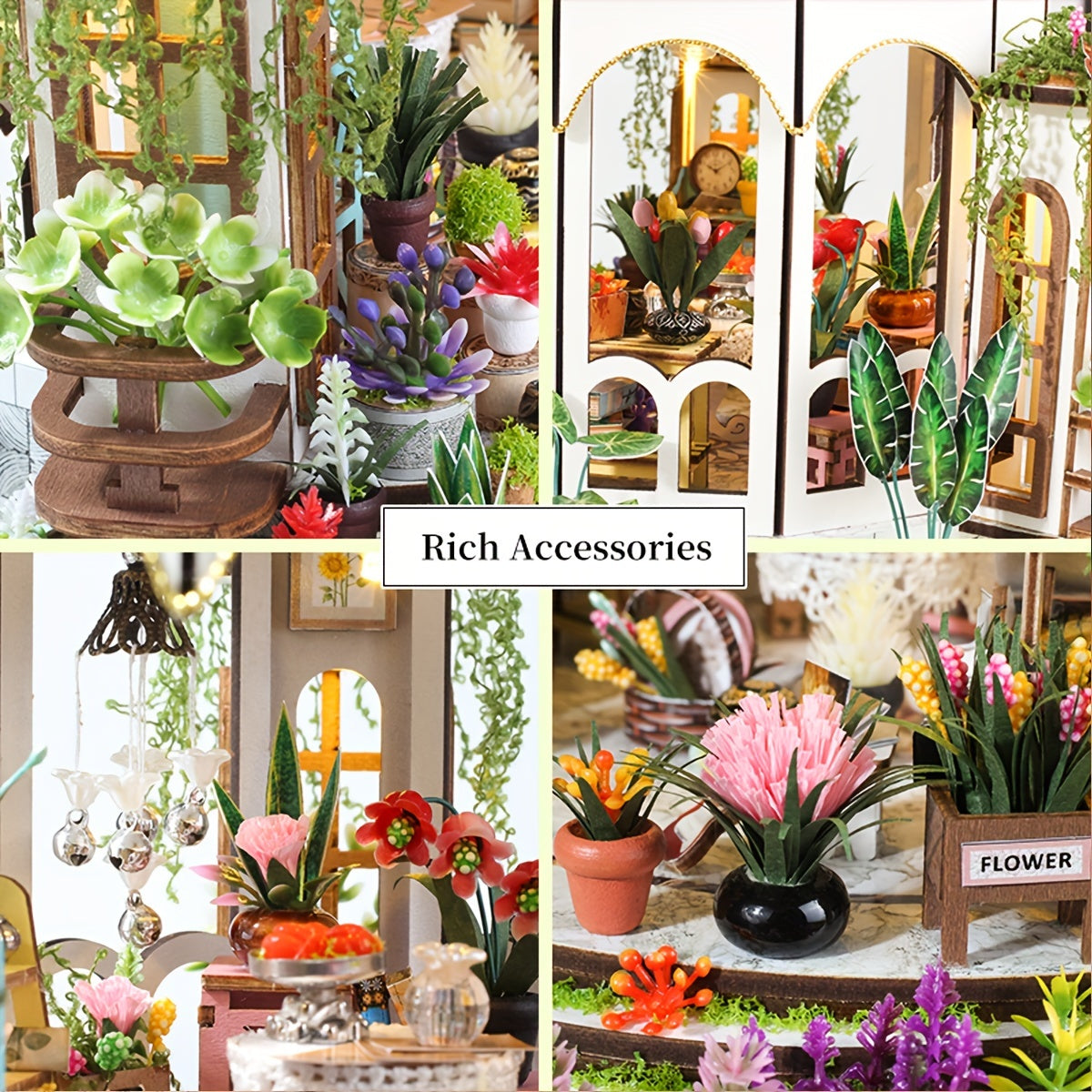 Miniatyr Blomhus – 3D Träpussel med LED-belysning och Detaljerad Trädgård