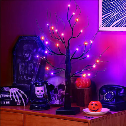 Halloween LED Träd 60cm – Svart dekorationsträd med lila &amp; orange lampor