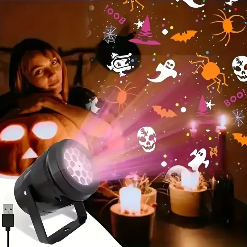 Halloween USB Projektor Lampa – LED Dekoration med Pumpa, Spindel &amp; Fladdermusmotiv