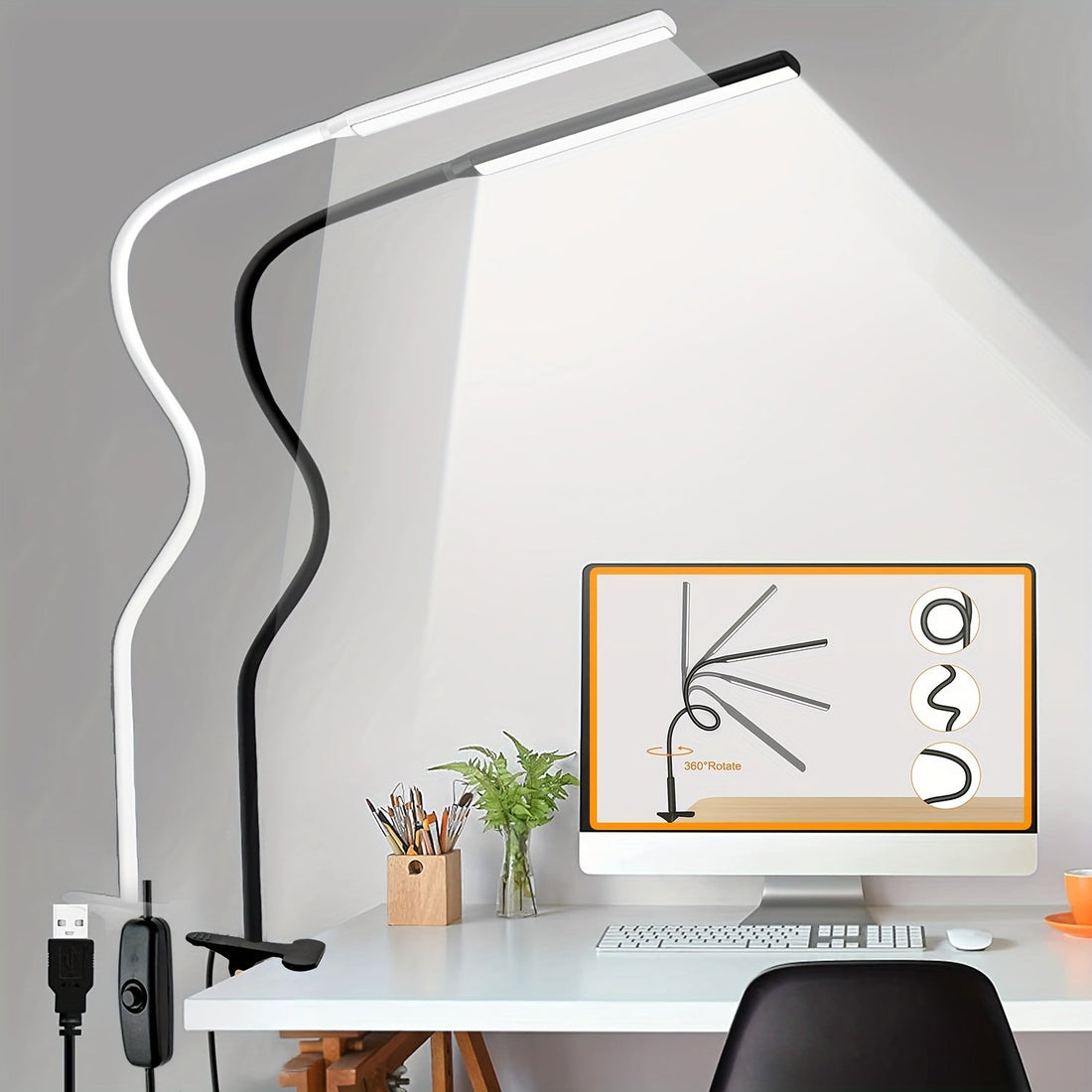 FlexiGlow - LED-skrivbordslampa med svanhals och klämma