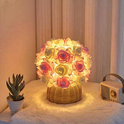 FloraGlow - Art Deco USB Rosatablett med Polerad Bas och Glödlampa