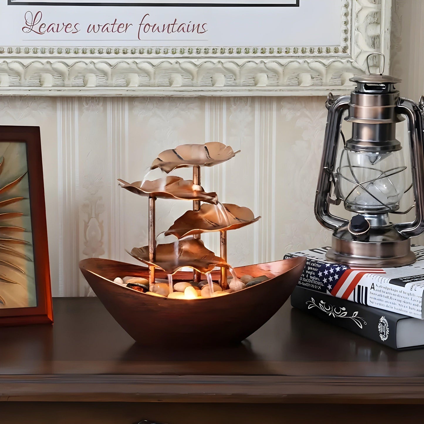 Bordfontän med LED-ljus - Dekorativ inomhusfontän i järnblad i vintage stil