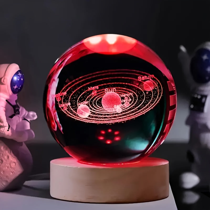 LumiSphere - 3D Kristallboll LED Nattlampa med Träbas