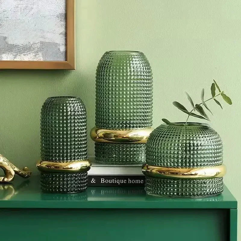 Mörkgrön Glasvas | Guldkant | Hydroponisk Blomutställning | Modern Minimalistisk Design | 3 Storlekar