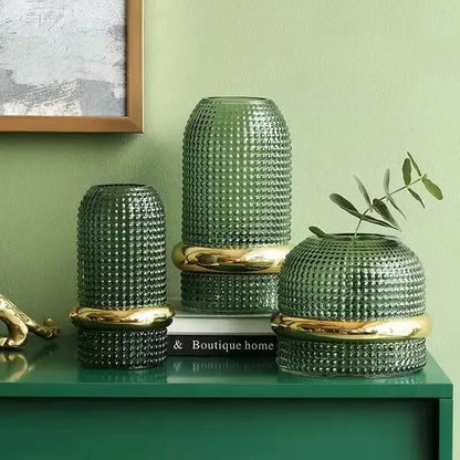 Mörkgrön Glasvas | Guldkant | Hydroponisk Blomutställning | Modern Minimalistisk Design | 3 Storlekar