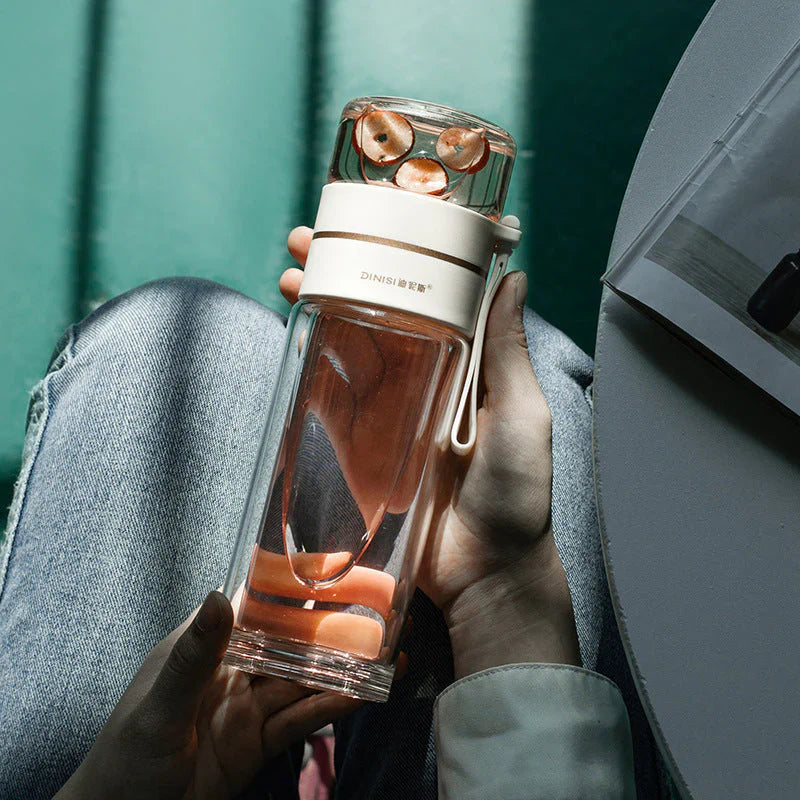 Dubbellik glasflaska med tefilter och infuser