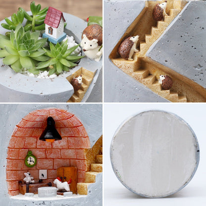 Dekorativ växtkruka med igel- och kanin-miniatyr – Kreativ trapphusdesign för växter