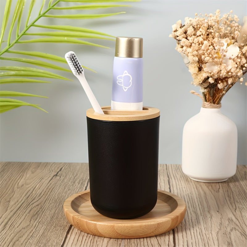 Badrumstillbehörsset med bambulock – 4-delat set för badrumsdekoration