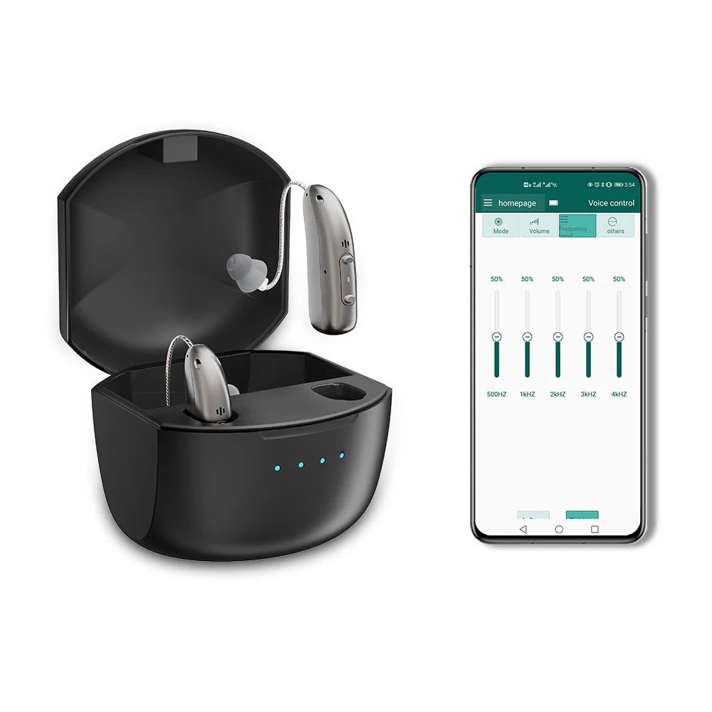 Uppladdningsbara Bluetooth-hörselhjälpmedel för äldre med appkontroll och 4 ljudlägen